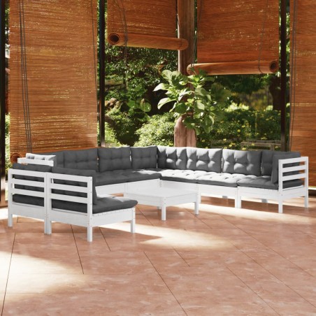 vidaXL Muebles de jardín 10 pzas con cojines blanco madera maciza pino