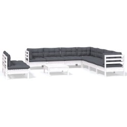 vidaXL Muebles de jardín 10 pzas con cojines blanco madera maciza pino