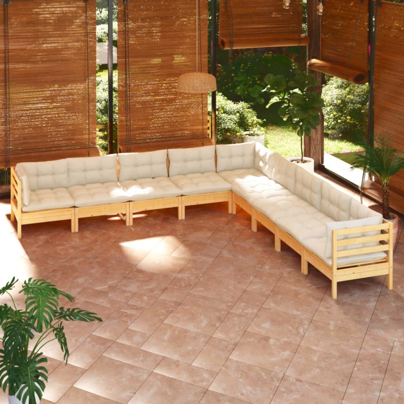 vidaXL Muebles de jardín 9 pzas y cojines madera maciza de pino crema vidaXL Muebles de jardín 9 pzas y cojines madera maciza de pino crema