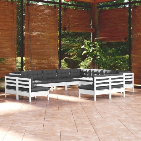 vidaXL Muebles de jardín 12 pzas y cojines blanco madera maciza pino