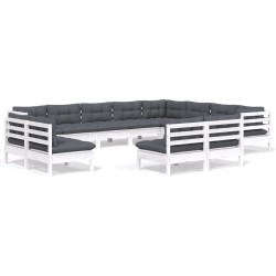 vidaXL Muebles de jardín 12 pzas y cojines blanco madera maciza pino