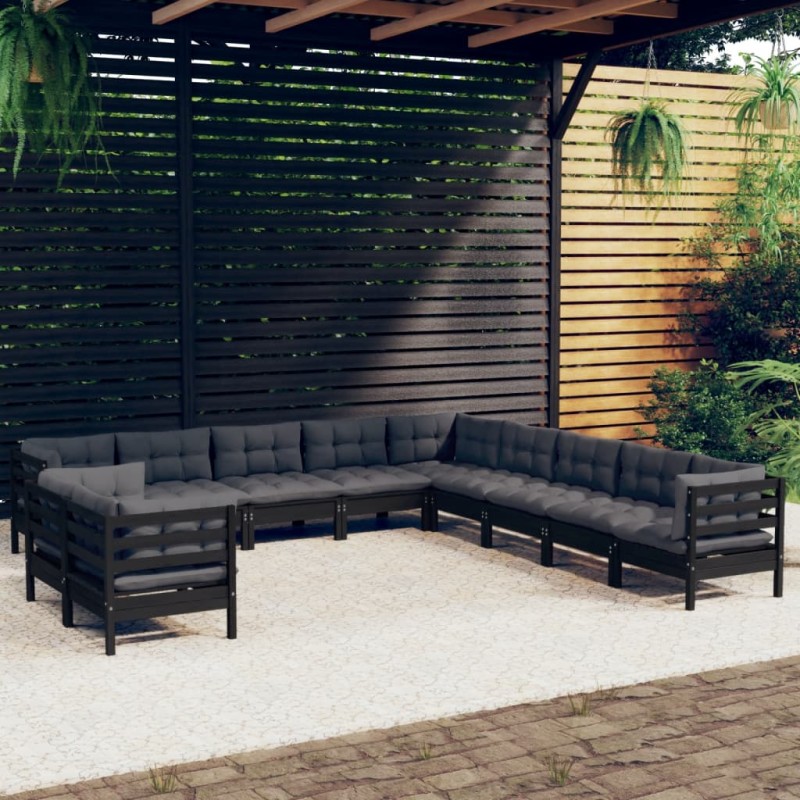 vidaXL Muebles de jardín 11 pzas y cojines negro madera maciza de pino vidaXL Muebles de jardín 11 pzas y cojines negro madera maciza de pino