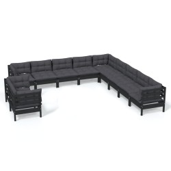 vidaXL Muebles de jardín 11 pzas y cojines negro madera maciza de pino