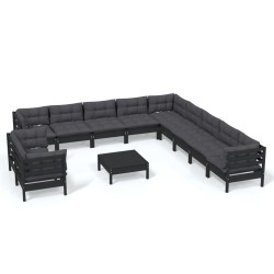 vidaXL Muebles de jardín 12 pzas y cojines negro madera maciza de pino