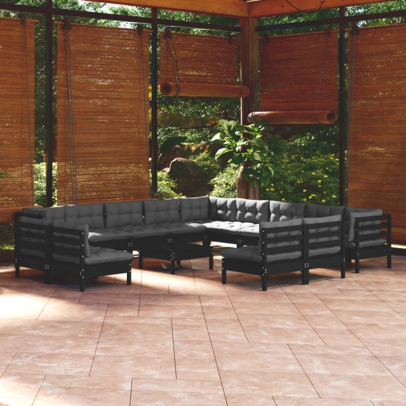 vidaXL Muebles de jardín 14 pzas con cojines negro madera maciza pino vidaXL Muebles de jardín 14 pzas con cojines negro madera maciza pino