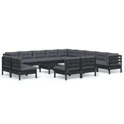 vidaXL Muebles de jardín 14 pzas con cojines negro madera maciza pino