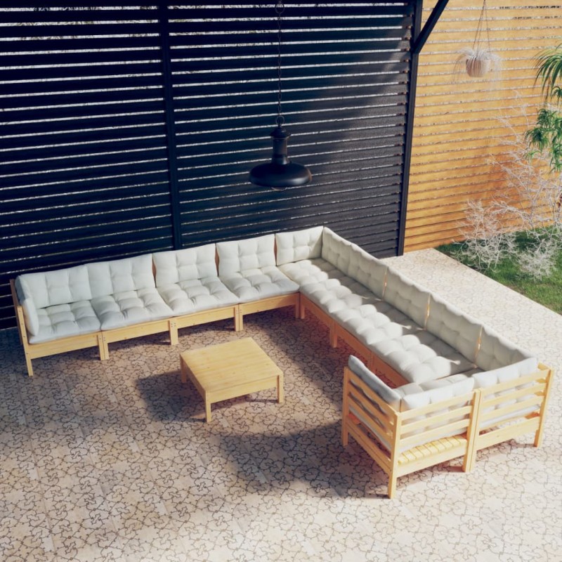 vidaXL Muebles de jardín 11 piezas y cojines madera de pino crema vidaXL Muebles de jardín 11 piezas y cojines madera de pino crema