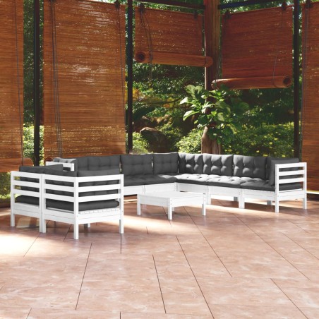 vidaXL Muebles de jardín 10 pzas con cojines blanco madera maciza pino
