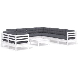 vidaXL Muebles de jardín 10 pzas con cojines blanco madera maciza pino