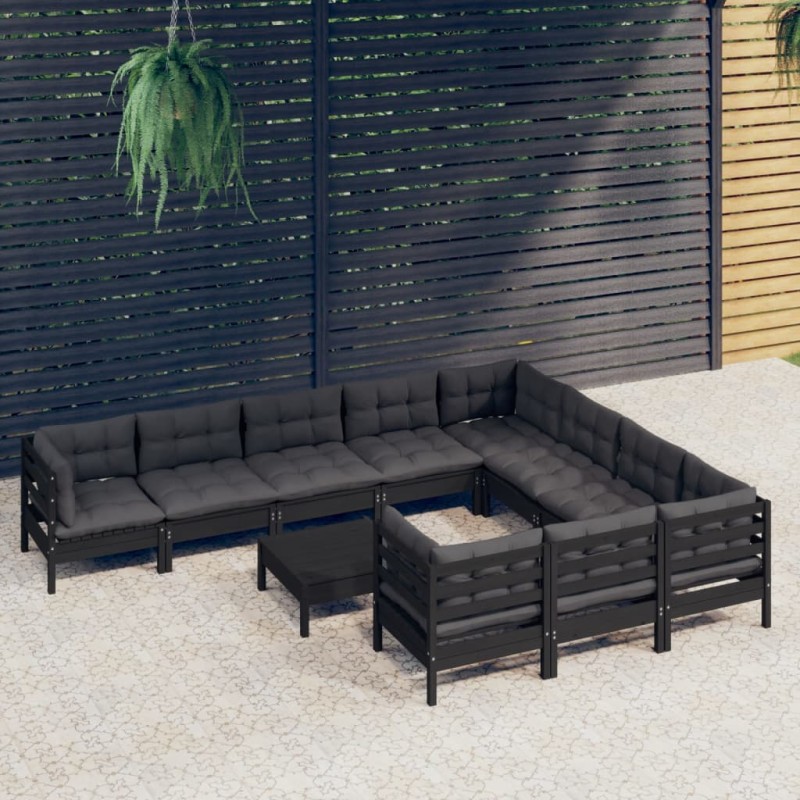 vidaXL Muebles de jardín 11 pzas y cojines negro madera de pino vidaXL Muebles de jardín 11 pzas y cojines negro madera de pino