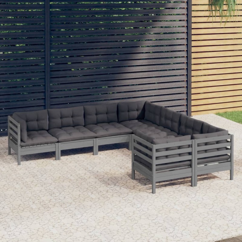vidaXL Muebles de jardín 8 pzas y cojines gris madera maciza de pino vidaXL Muebles de jardín 8 pzas y cojines gris madera maciza de pino