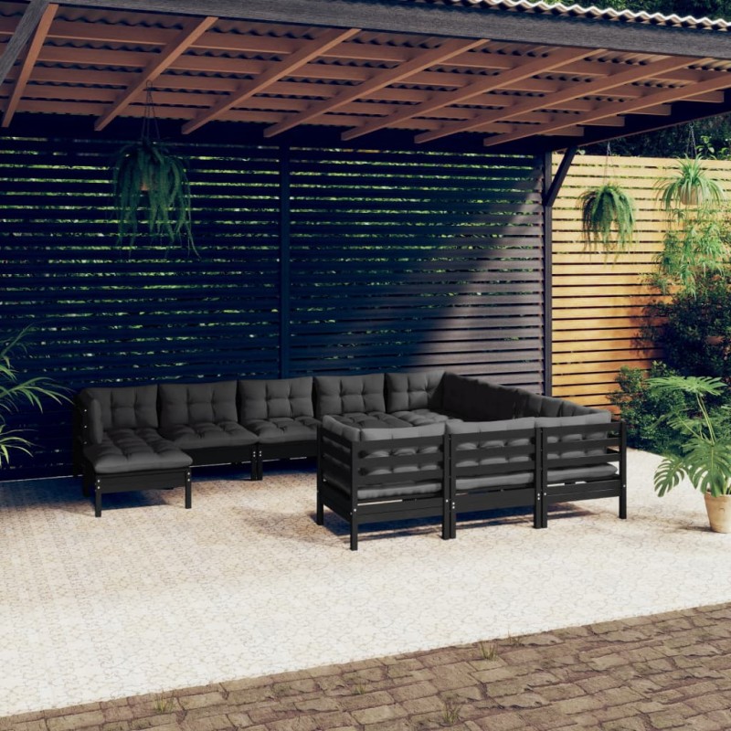 vidaXL Muebles de jardín 11 pzas y cojines negro madera de pino vidaXL Muebles de jardín 11 pzas y cojines negro madera de pino