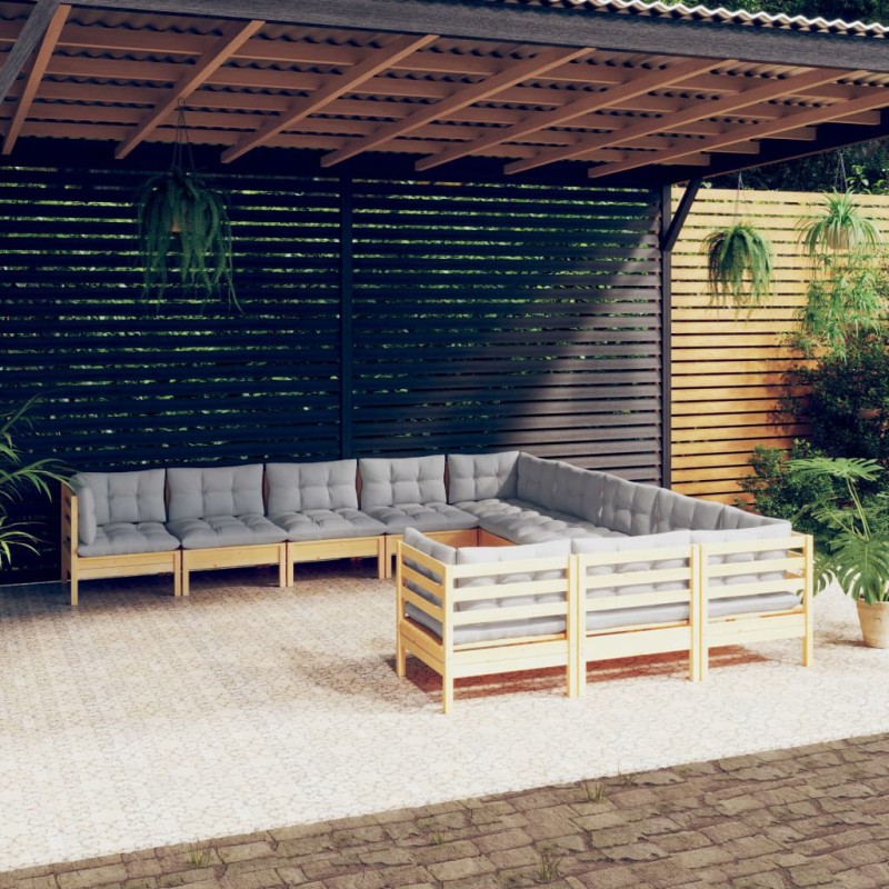 vidaXL Muebles de jardín 11 pzas y cojines madera de pino gris
