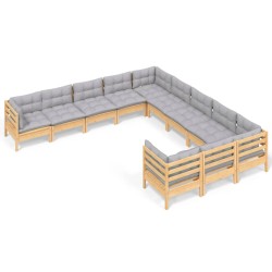 vidaXL Muebles de jardín 11 pzas y cojines madera de pino gris