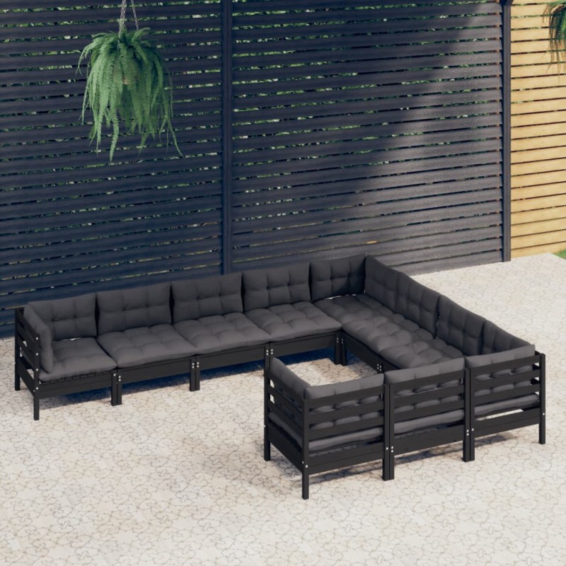 vidaXL Muebles de jardín 10 pzas con cojines negro madera de pino vidaXL Muebles de jardín 10 pzas con cojines negro madera de pino