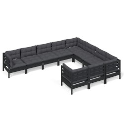 vidaXL Muebles de jardín 10 pzas con cojines negro madera de pino