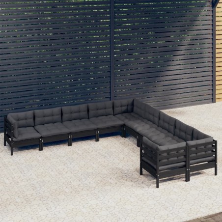 vidaXL Muebles de jardín 10 pzas con cojines negro madera de pino