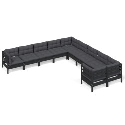 vidaXL Muebles de jardín 10 pzas con cojines negro madera de pino