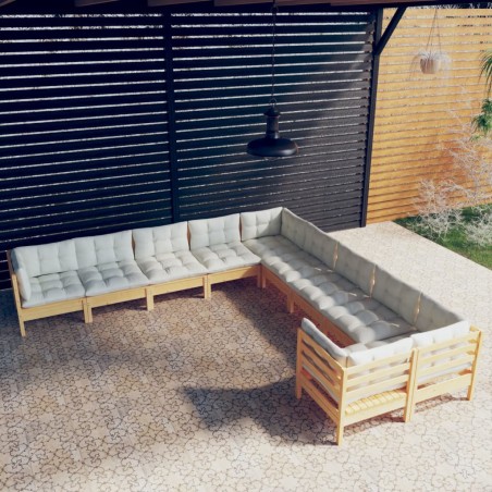 vidaXL Muebles de jardín 10 piezas y cojines madera de pino crema