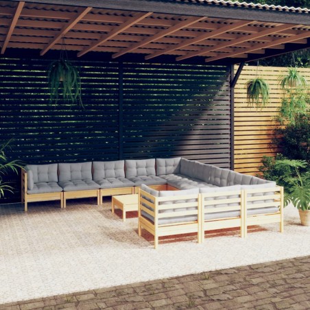 vidaXL Muebles de jardín 12 pzas y cojines madera de pino gris