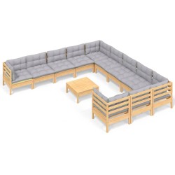 vidaXL Muebles de jardín 12 pzas y cojines madera de pino gris