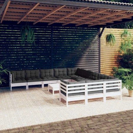 vidaXL Muebles de jardín 12 pzas con cojines blanco madera de pino