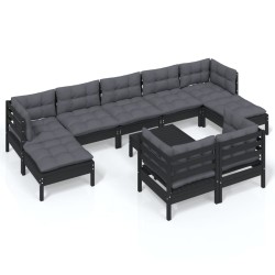 vidaXL Muebles de jardín 10 pzas con cojines negro madera maciza pino
