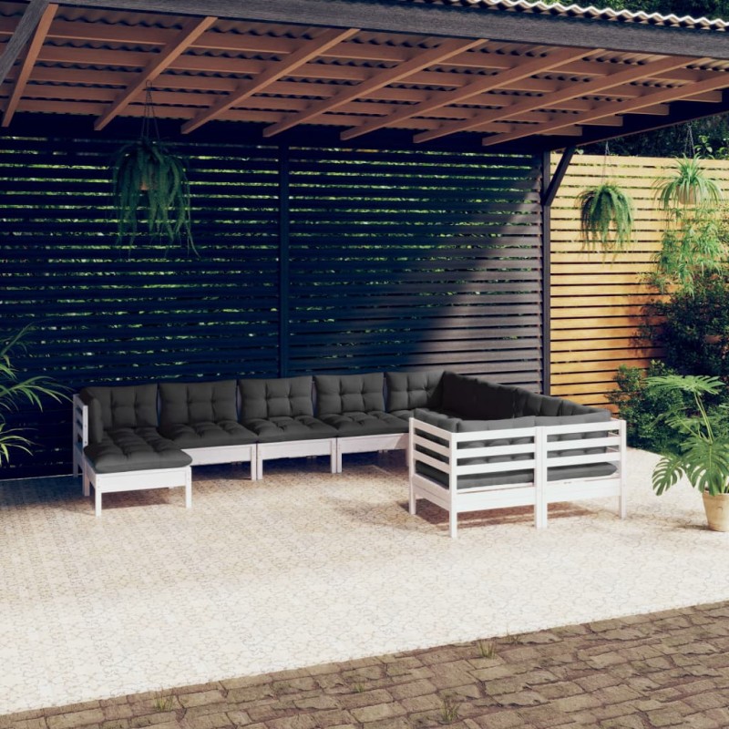 vidaXL Muebles de jardín 10 pzas con cojines blanco madera de pino vidaXL Muebles de jardín 10 pzas con cojines blanco madera de pino