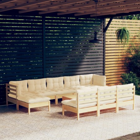 vidaXL Muebles de jardín 11 piezas cojines madera de pino color crema