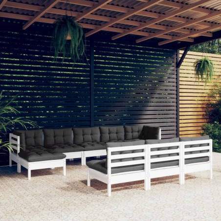 vidaXL Muebles de jardín 10 pzas con cojines blanco madera de pino