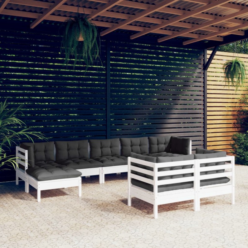 vidaXL Muebles de jardín 9 pzas y cojines blanco madera maciza de pino vidaXL Muebles de jardín 9 pzas y cojines blanco madera maciza de pino