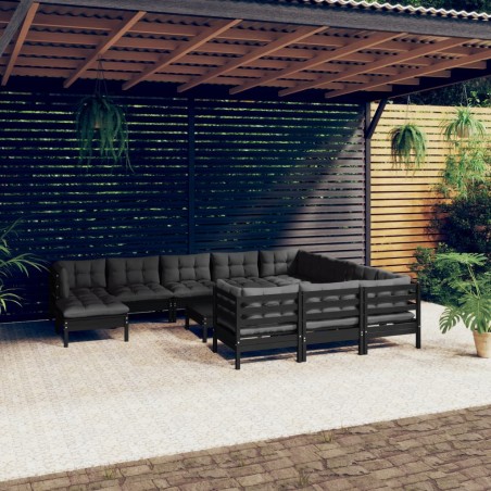 vidaXL Muebles de jardín 12 pzas con cojines negro madera de pino