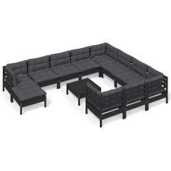 vidaXL Muebles de jardín 12 pzas con cojines negro madera de pino