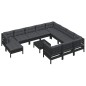 vidaXL Muebles de jardín 12 pzas con cojines negro madera de pino
