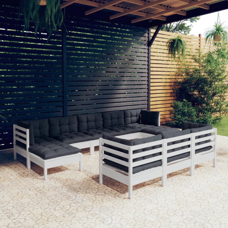 vidaXL Muebles de jardín 10 pzas cojines blanco madera maciza de pino vidaXL Muebles de jardín 10 pzas cojines blanco madera maciza de pino