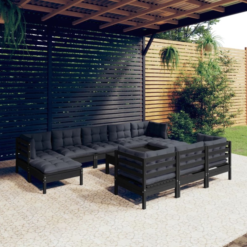 vidaXL Muebles de jardín 11 pzas y cojines negro madera maciza de pino vidaXL Muebles de jardín 11 pzas y cojines negro madera maciza de pino