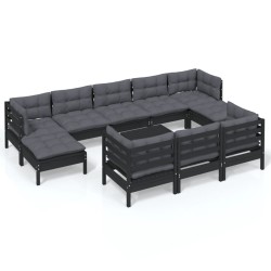 vidaXL Muebles de jardín 11 pzas y cojines negro madera maciza de pino