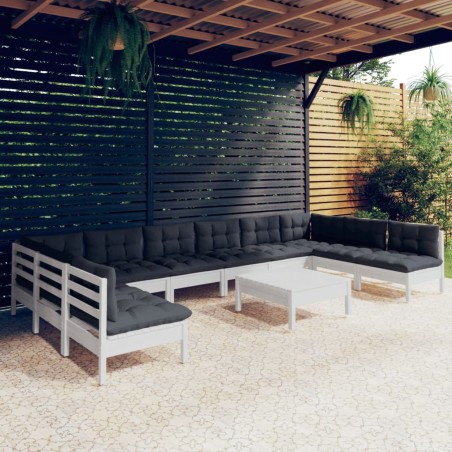 vidaXL Muebles de jardín 11 pzas y cojines blanco madera maciza pino