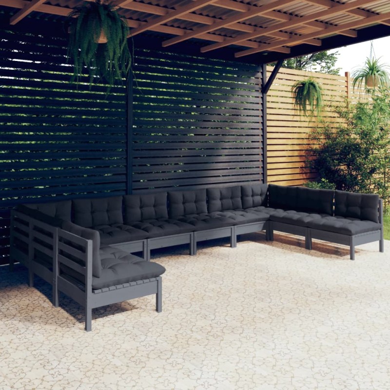 vidaXL Muebles de jardín 10 pzas y cojines gris madera maciza de pino vidaXL Muebles de jardín 10 pzas y cojines gris madera maciza de pino
