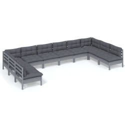 vidaXL Muebles de jardín 10 pzas y cojines gris madera maciza de pino