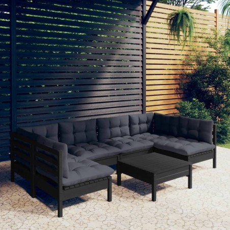 vidaXL Muebles de jardín 7 pzas y cojines negro madera maciza de pino