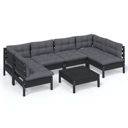 vidaXL Muebles de jardín 7 pzas y cojines negro madera maciza de pino