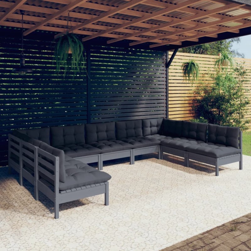 vidaXL Muebles de jardín 9 pzas y cojines gris madera maciza de pino vidaXL Muebles de jardín 9 pzas y cojines gris madera maciza de pino
