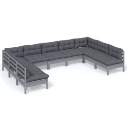 vidaXL Muebles de jardín 9 pzas y cojines gris madera maciza de pino