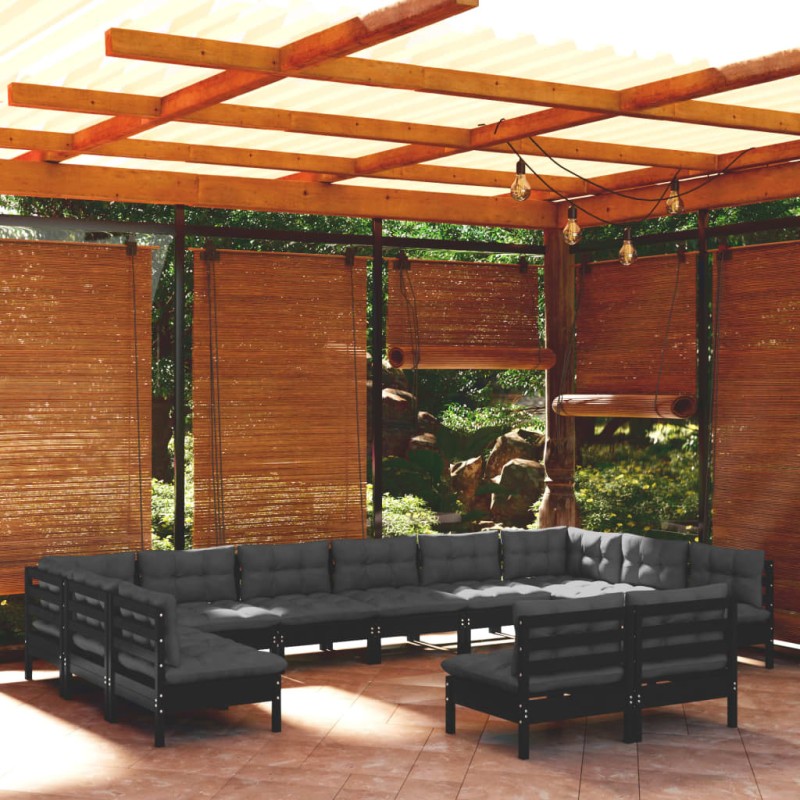 vidaXL Muebles de jardín 12 pzas con cojines negro madera maciza pino vidaXL Muebles de jardín 12 pzas con cojines negro madera maciza pino