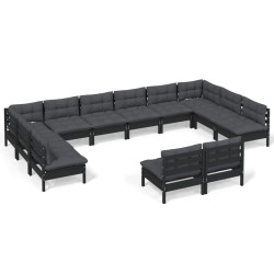 vidaXL Muebles de jardín 12 pzas con cojines negro madera maciza pino