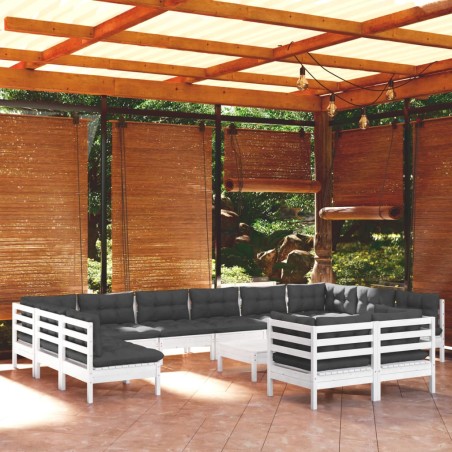 vidaXL Muebles de jardín 13 pzas con cojines blanco madera de pino