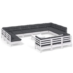 vidaXL Muebles de jardín 14 pzas con cojines blanco madera de pino