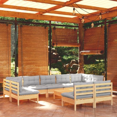 vidaXL Juego de muebles de jardín 10 pzas y cojines madera maciza pino