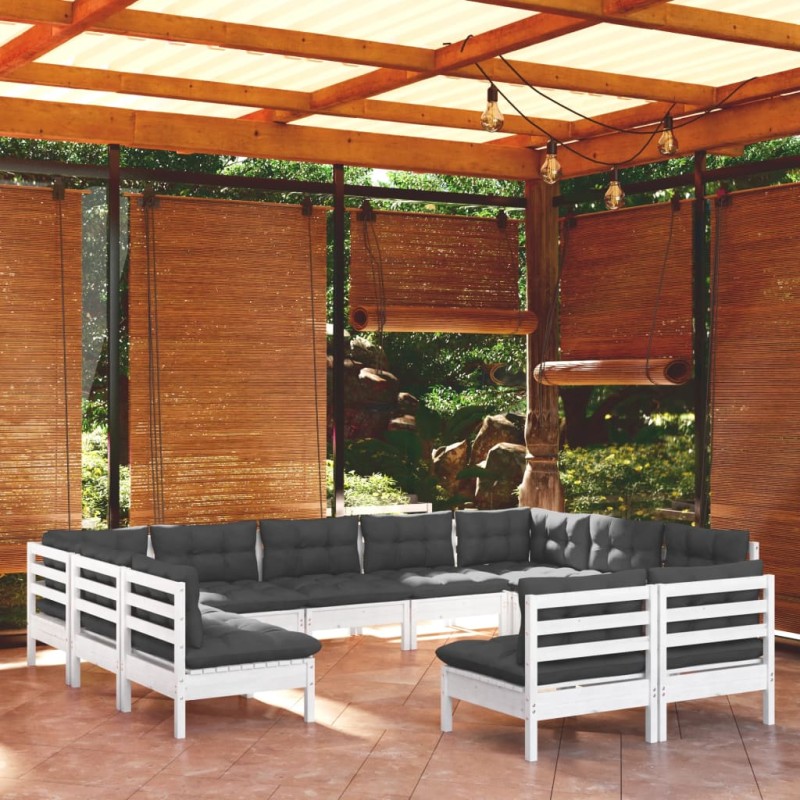 vidaXL Muebles de jardín 11 pzas y cojines blanco madera maciza pino